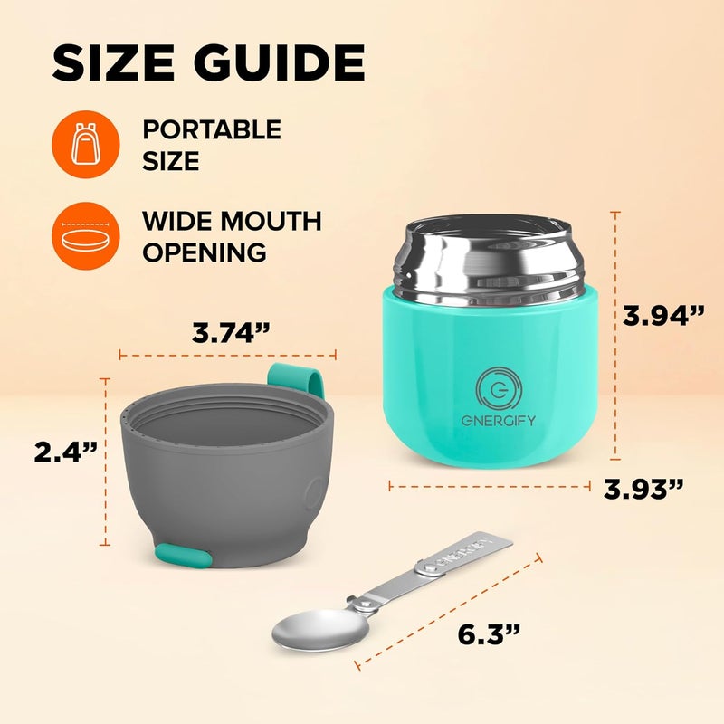 ENERGIFY Vacuum Insulated Food Jar. Large 12oz Bowl incl. Folding Spoon, Cup. Wide Mouth Keep Hot & Cold Drinks Soup Lunch Container for Adults. BPA-Free Stainless Steel, Leak Proof Mint Green - Image 4